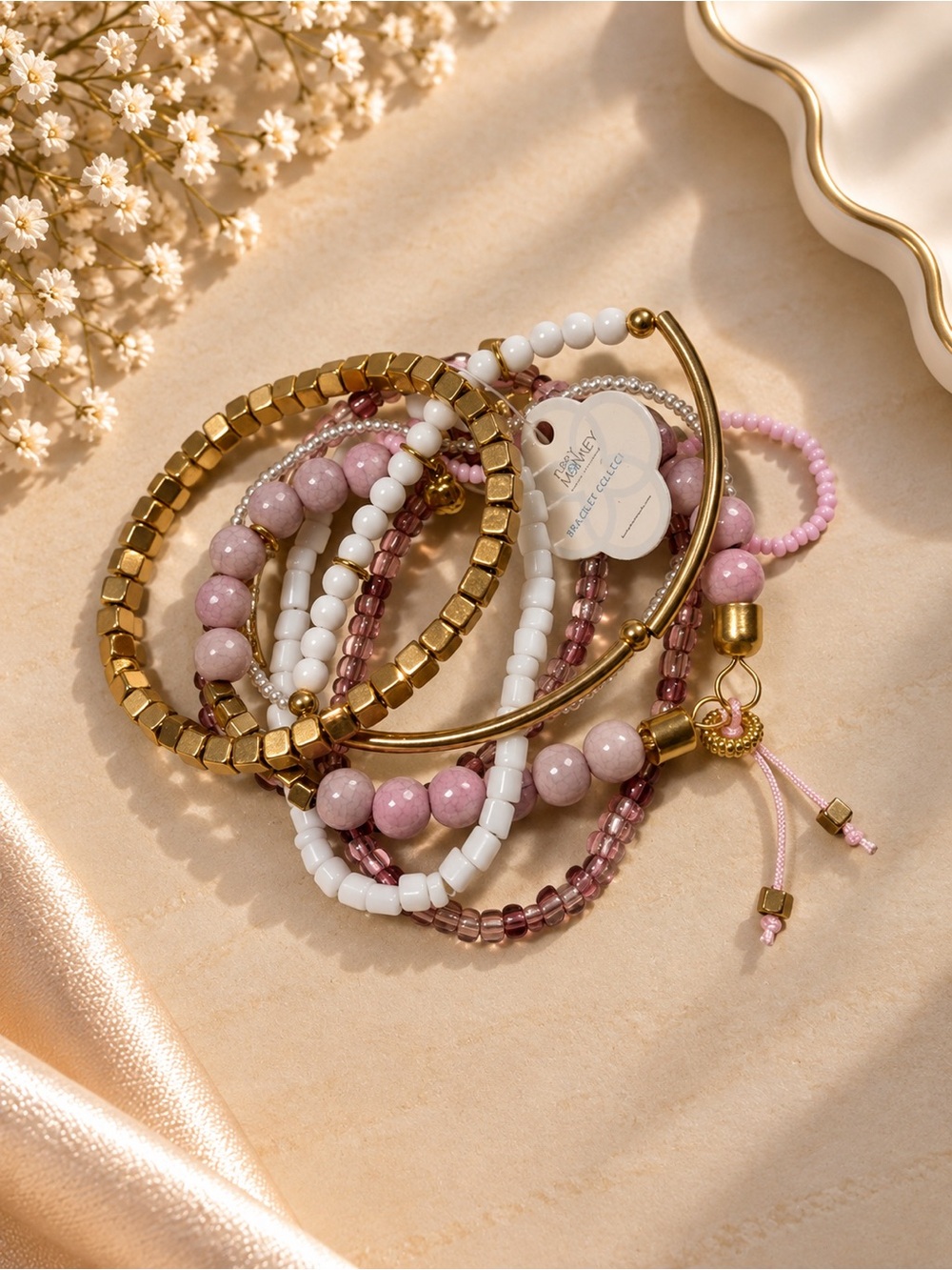 Mixed Pink and White Beaded Bracelet Set with Gold Accents
